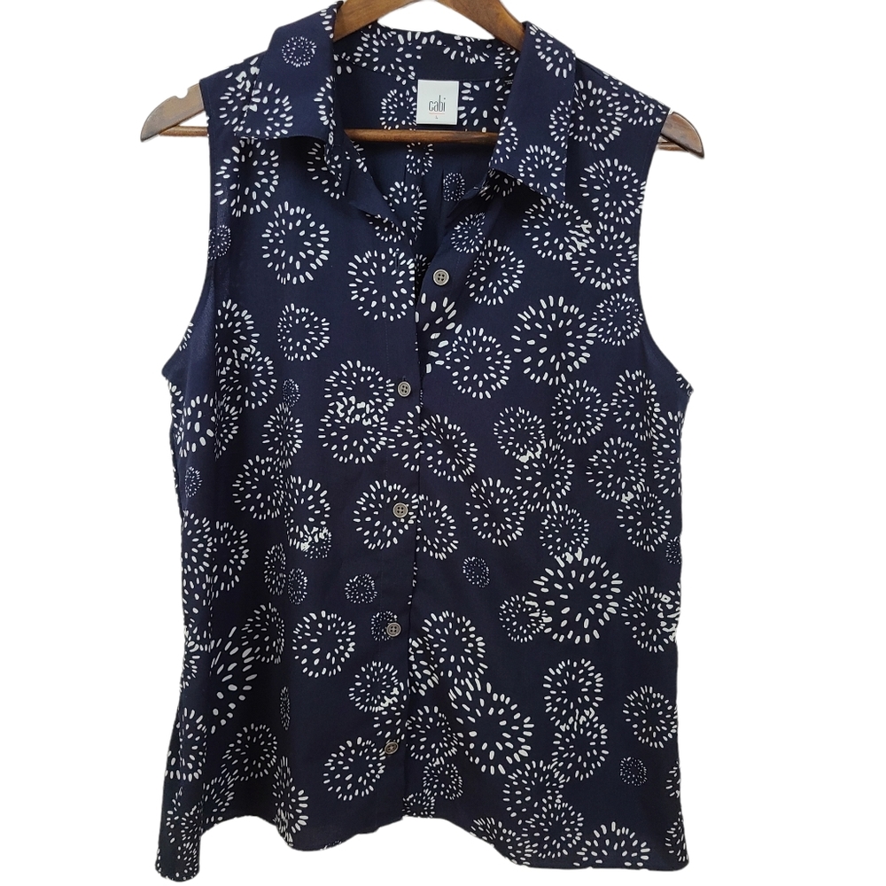 Cabi Blue Abstract Pattern Sleeveless Peplum Blouse Large